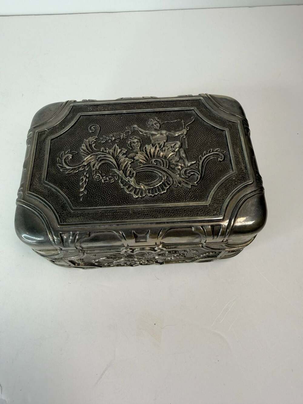 Vintage Silver Plated Ornate Cherub Embossed Jewelry Trinket Box